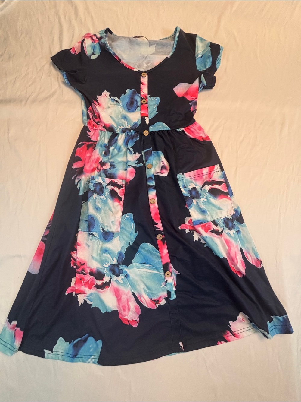 Floral Button-Front Midi Dress in Navy with Pink & Blue Accents